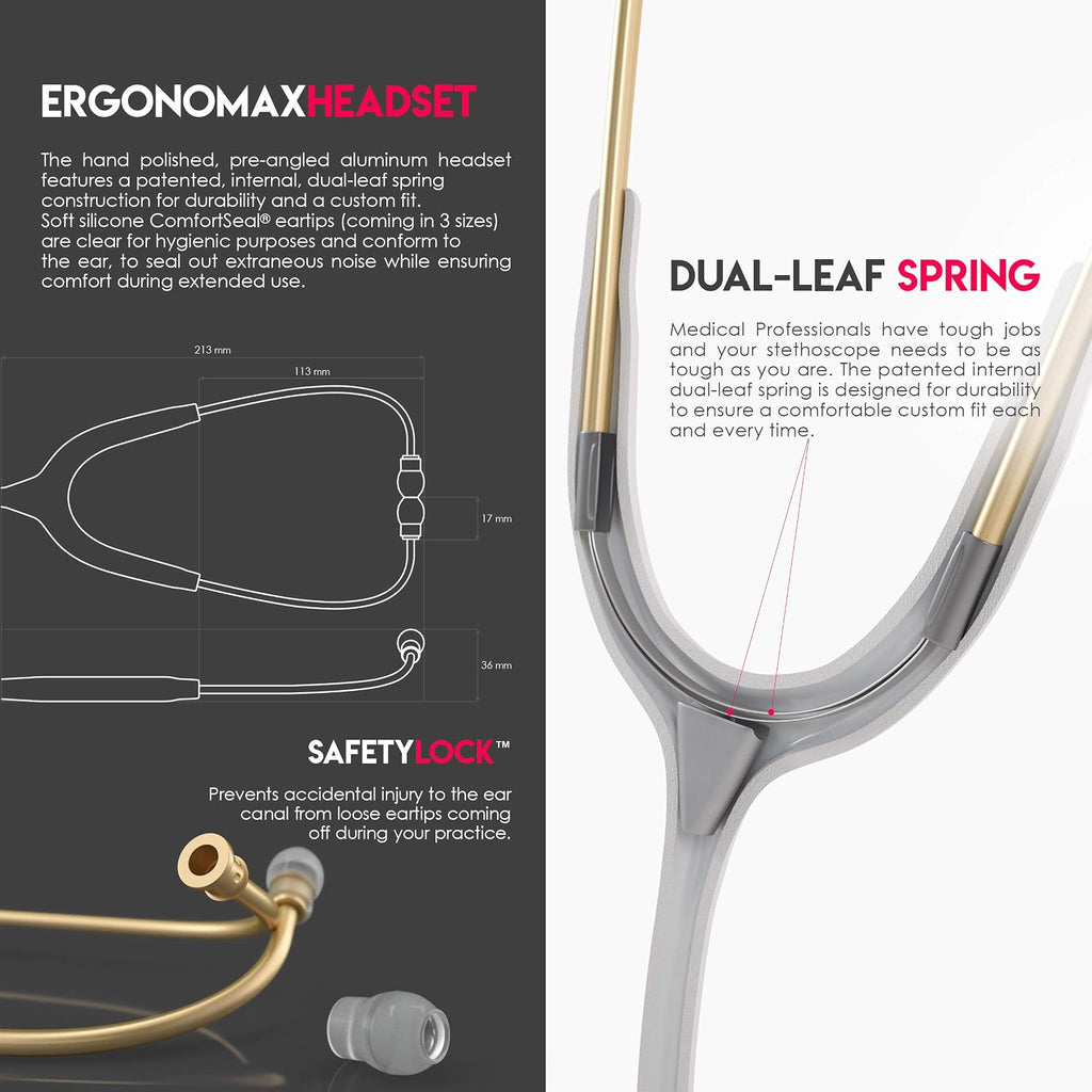 Acoustica Lightweight Stethoscope for Doctors, Nurses, Students, Home Health Use, Adult, Dual Head, White Tube, Gold