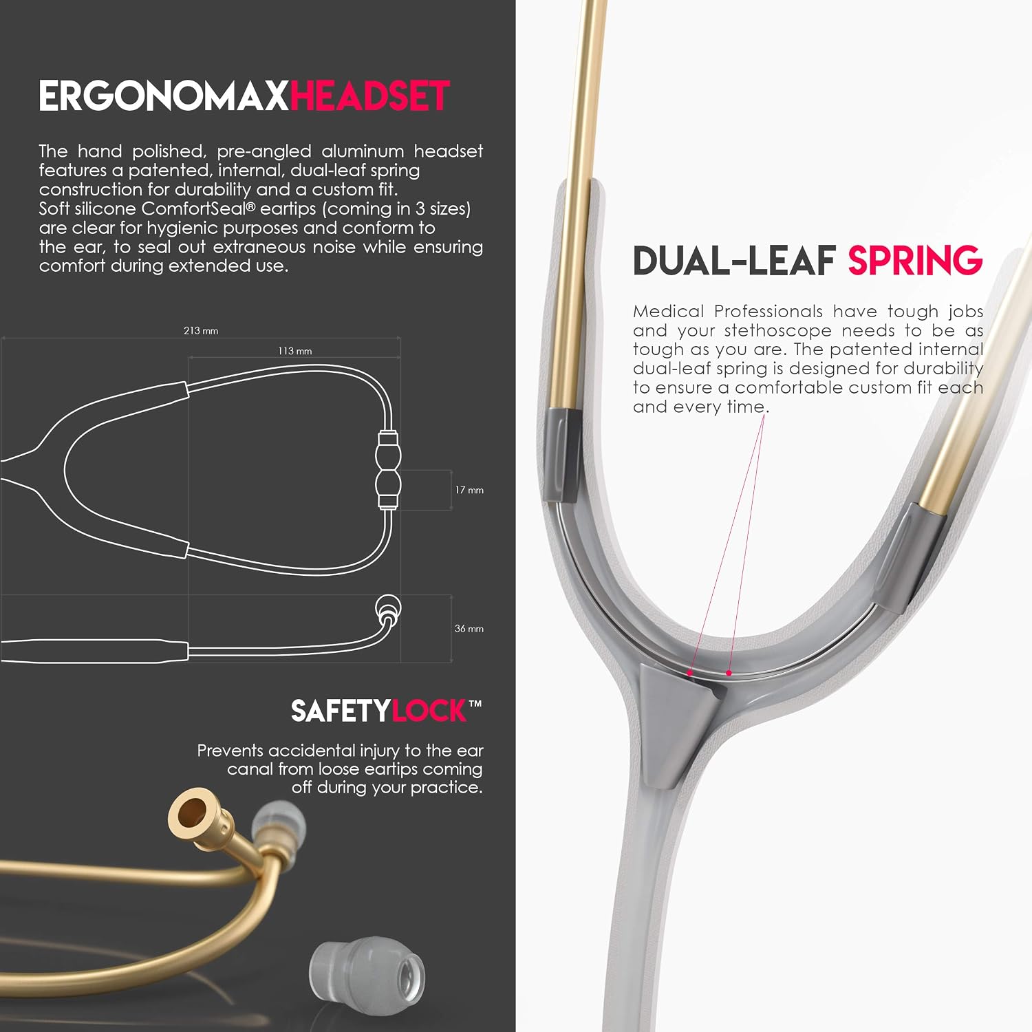 Acoustica Lightweight Stethoscope for Doctors, Nurses, Students, Home Health Use, Adult, Dual Head, White Tube, Gold