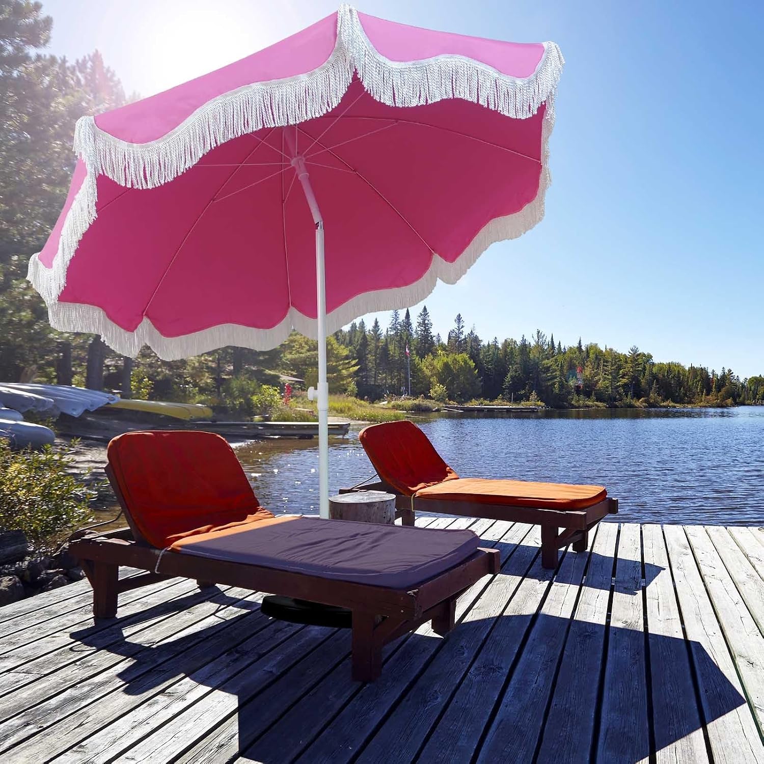 Waterproof Boho Patio Umbrella with Tassels UPF 50+ Table Umbrellas for Outside 6.56ft Sun Umbrella Beach W/Tilt