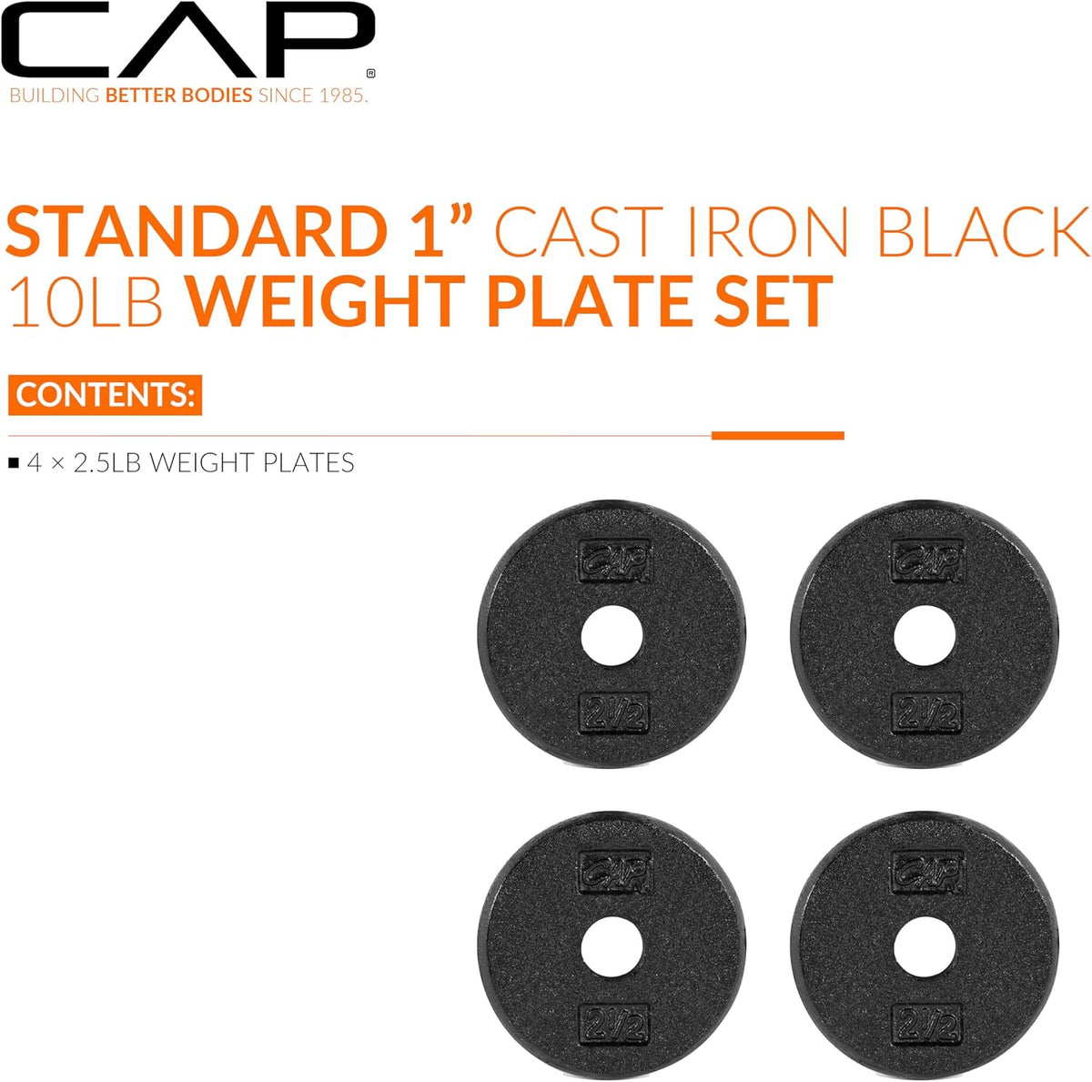 CAP 2.5lb Cast Iron Standard 1-Inch Weight Plates, 4-Pack, Black