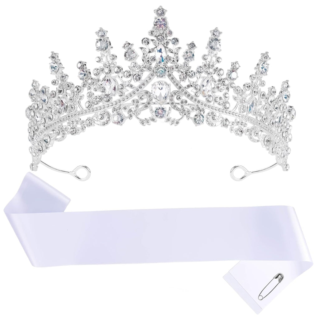 Blank Custom Sash & Crown Tiara for Women, White DIY Sash and Silver Crown Sparkly Rhinestone Tiara for Women Girls