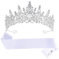 Blank Custom Sash & Crown Tiara for Women, White DIY Sash and Silver Crown Sparkly Rhinestone Tiara for Women Girls