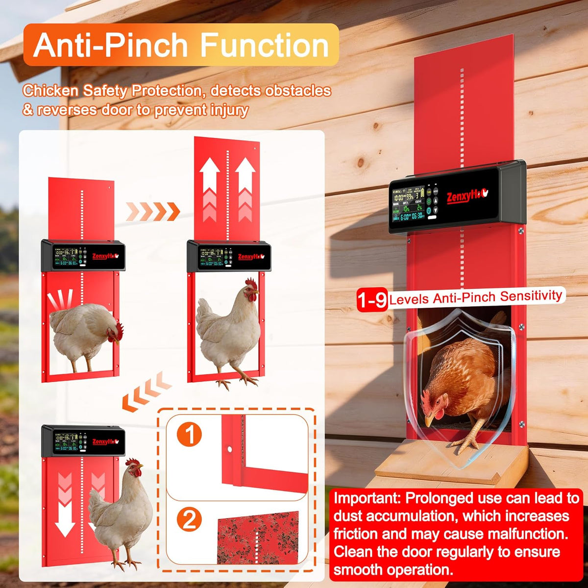 Solar Automatic Chicken Coop Door, Programmable Remote with 6 Modes (Red)