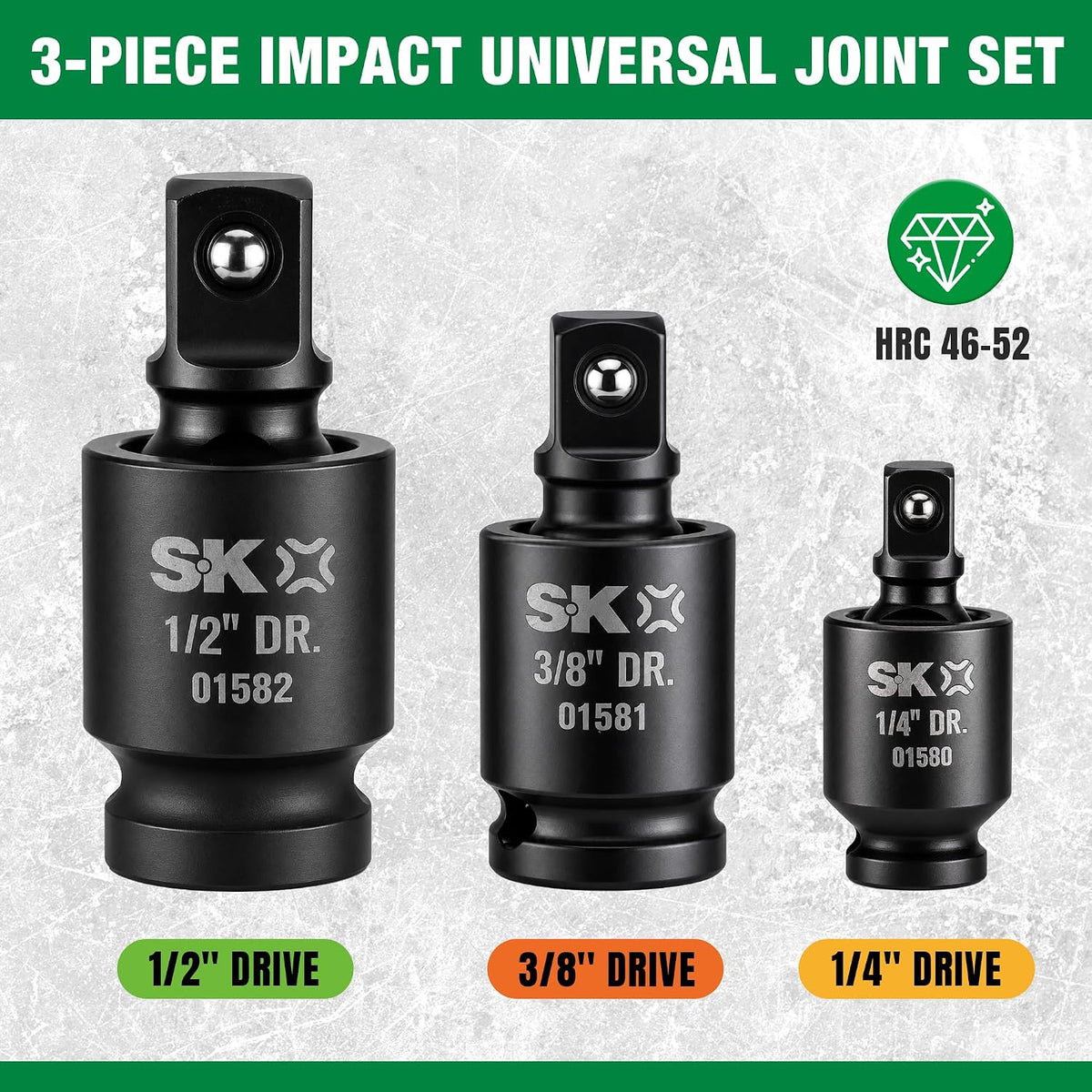 SK Pinless Impact Universal Joint, Swivel Socket Adapter Set 1/4" 3/8" 1/2"