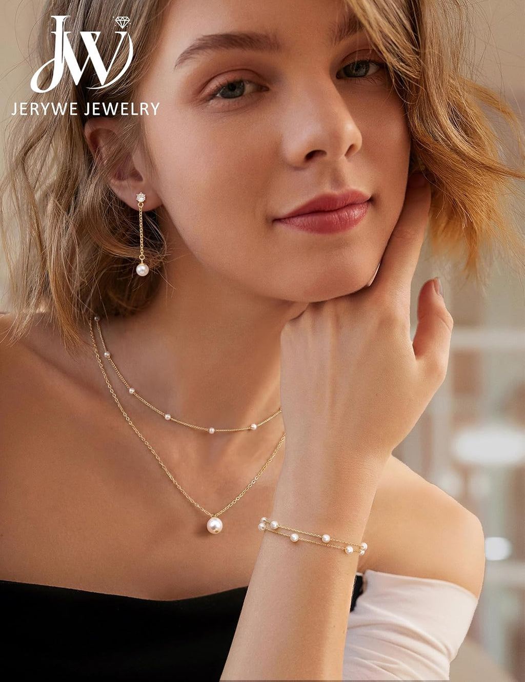 Gold Jewelry Set for Women 14K Gold Plated Layered Pearl Choker Necklace and Drop Earrings Set Adjustable Bracelets