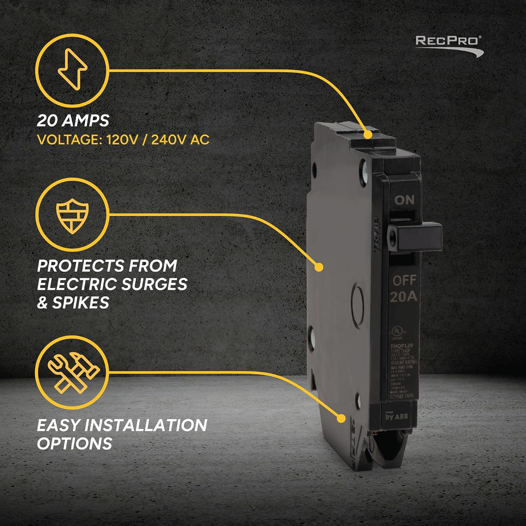 RecPro RV Circuit Breaker, Single Pole, 20 Amp, GE Equivalent