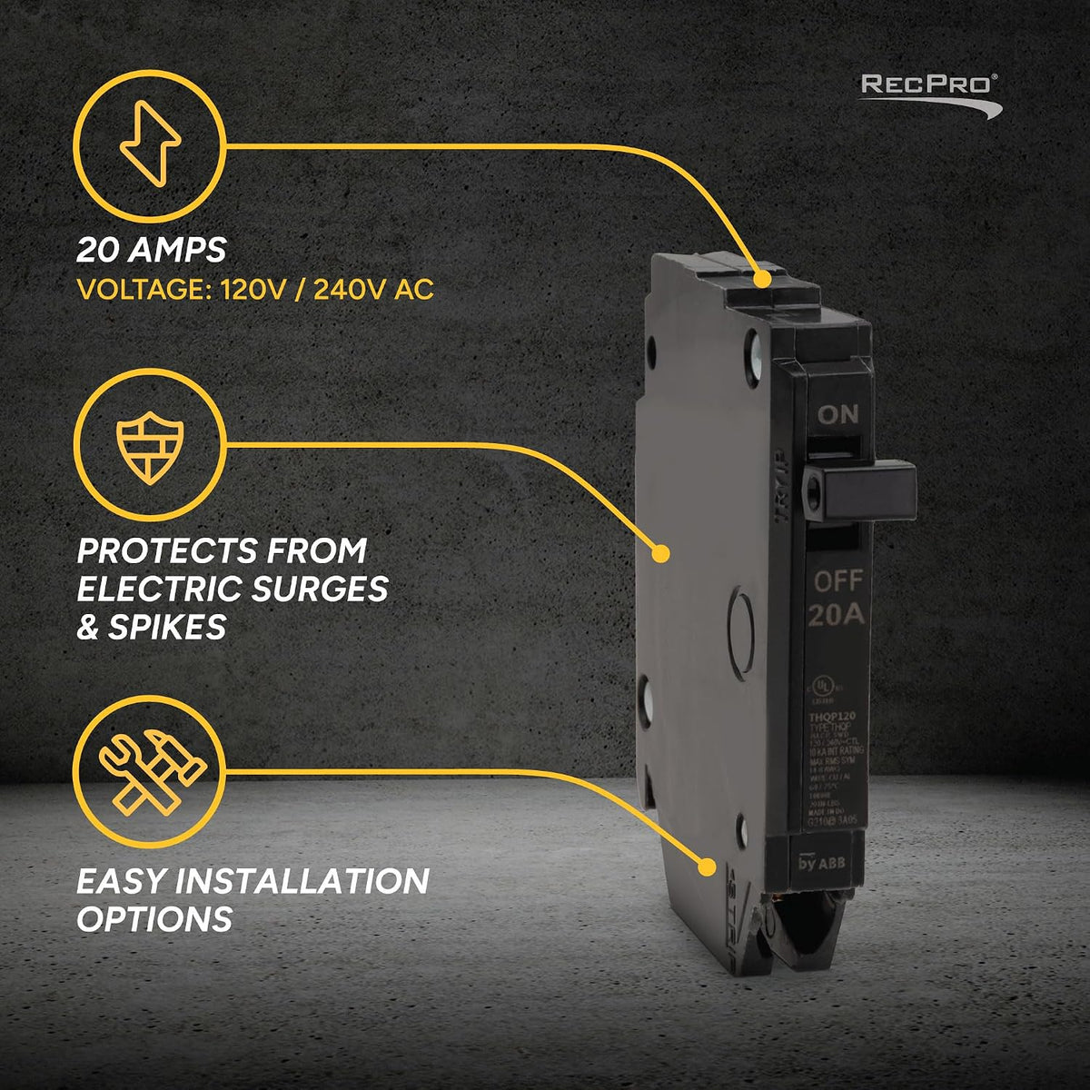 RecPro RV Circuit Breaker, Single Pole, 20 Amp, GE Equivalent