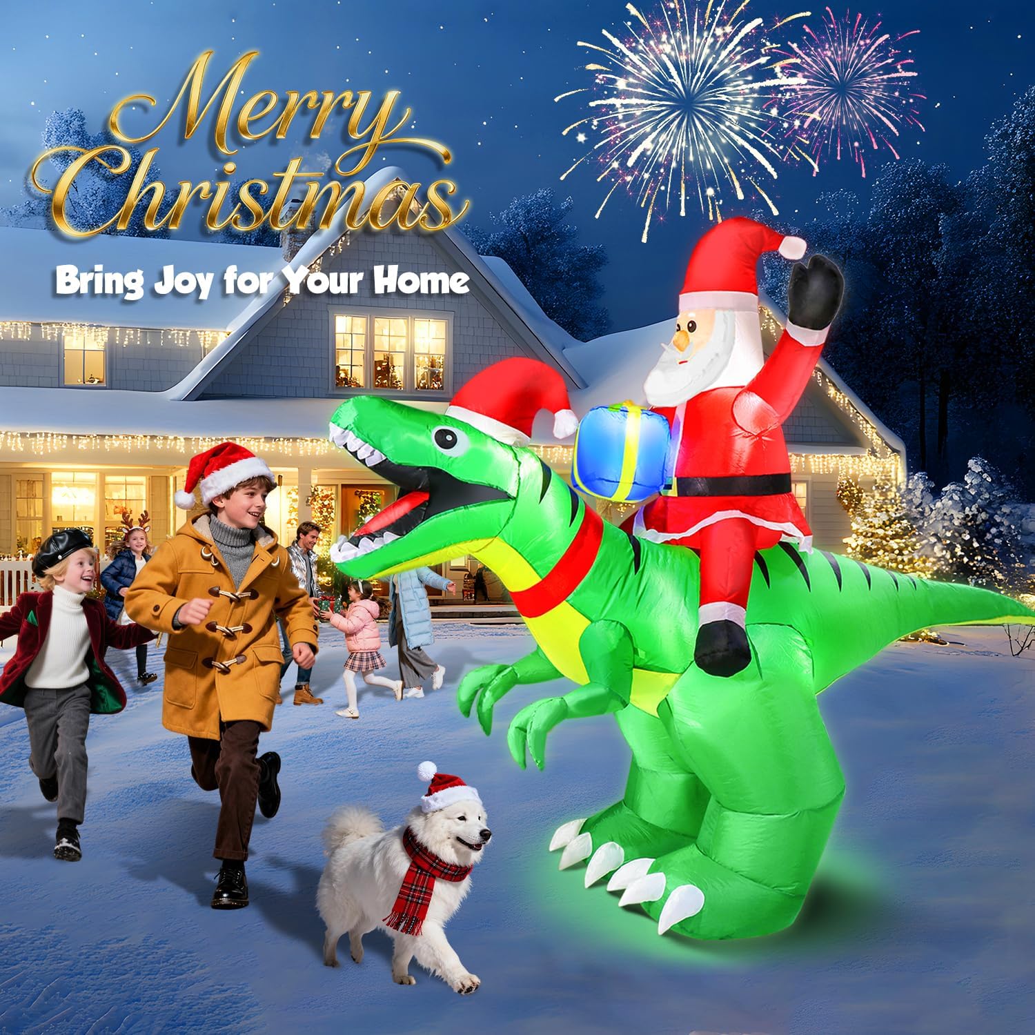 9x7FT Christmas Inflatables Santa Ride on Dinosaur with LED Outdoor Christmas Dinosaur Inflatable Blow Up Yard