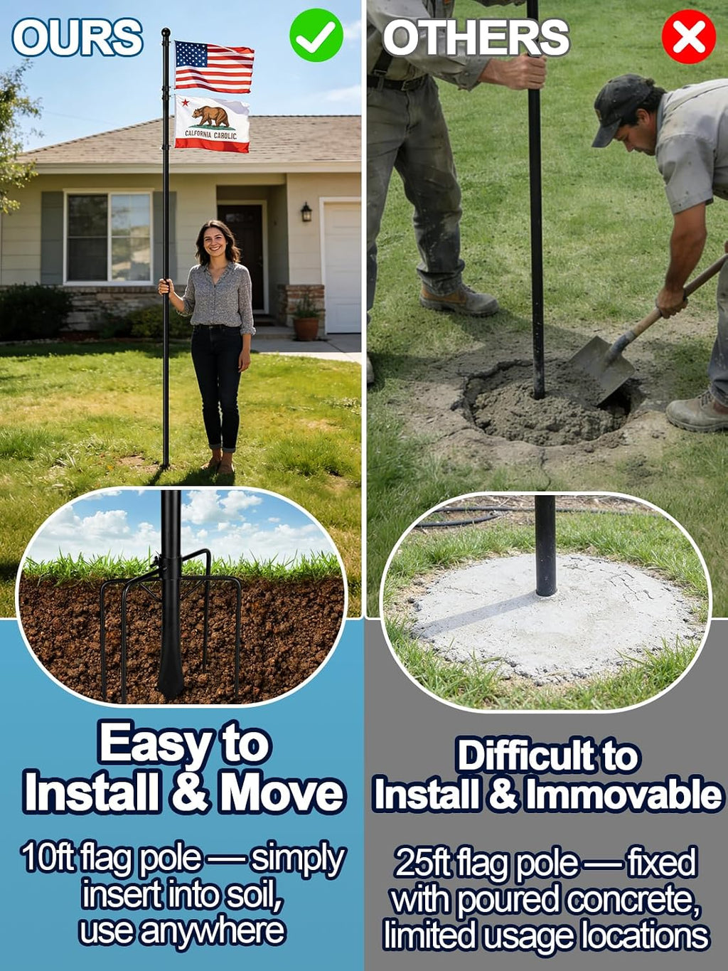 10ft In-Ground Flag Pole for Outside House, Fits 2 Flags | Windproof Thicken Flag Pole Kit with 5 Sturdy Prongs Base