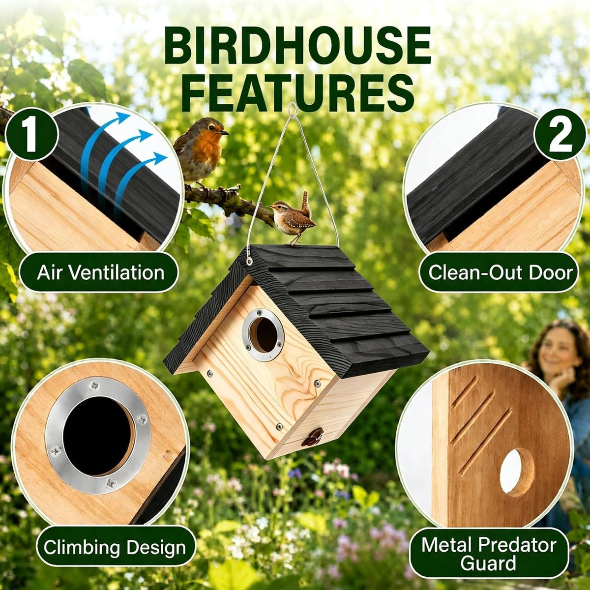 Hanging Wren Bird Houses for Outside,Wren House Bird Nesting Box with Ventilated Holes,1-1/8''Entrance Hole Durable