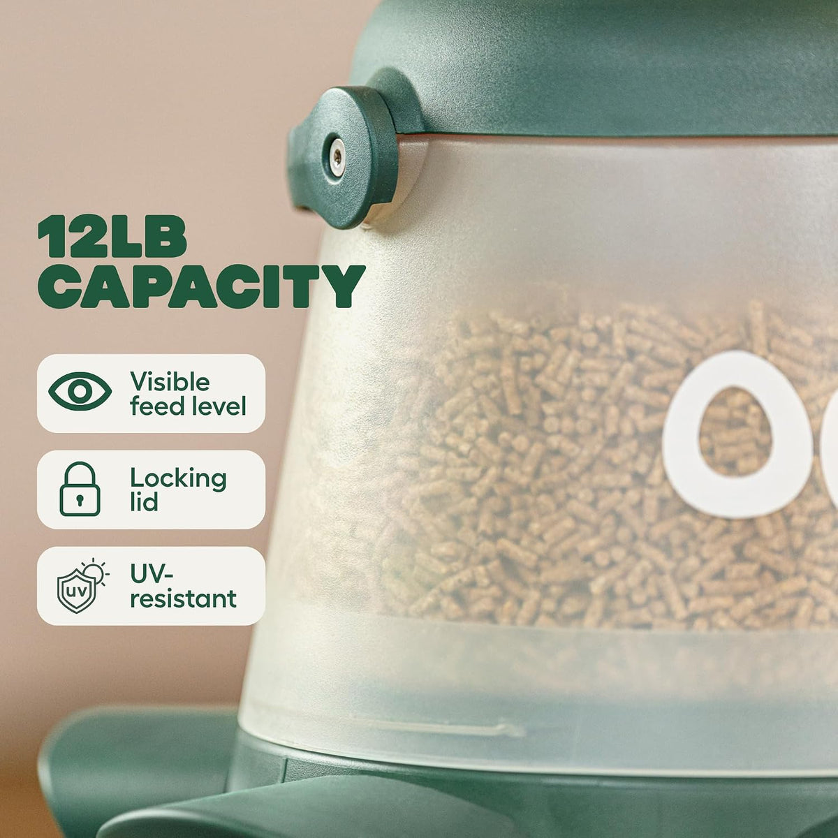 No Waste Chicken Feeder for Coop | 12lb Anti-Spill Poultry Feeder with 5 Feeding Ports | Feeds 6 Hens for 7 Days |