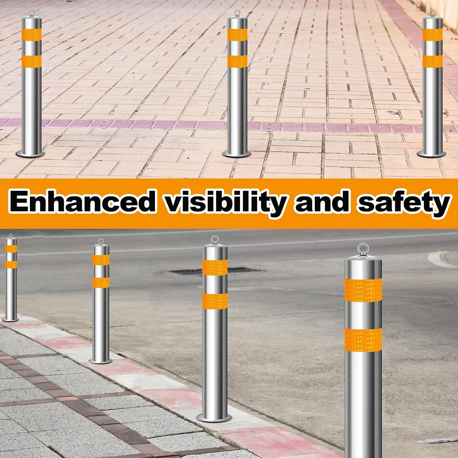 31.5 Inch Stainless Steel Bollard Post with Anchor Bolts Parking Barrier Block Safety Bollard Covers with Reflective