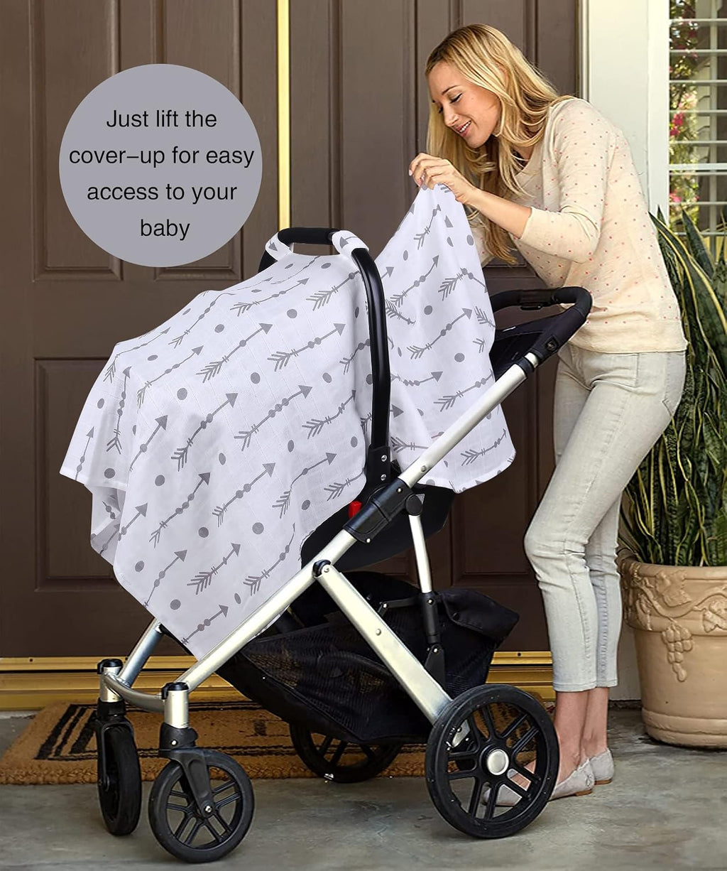 Car Seat Cover Baby for Boys Girls, 100% Muslin Cotton Infant Carseat Canopy, Soft Breathable Stroller Sun Shade &