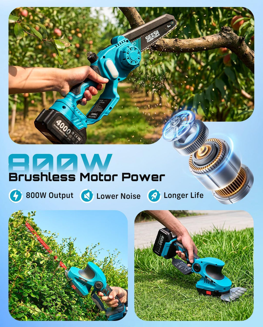 3 in 1 Cordless Mini Chainsaw & Hedge Trimmer, Grass Shear Combo | 8 Inch Electric Chain saw Brushless,2x 4000mAh