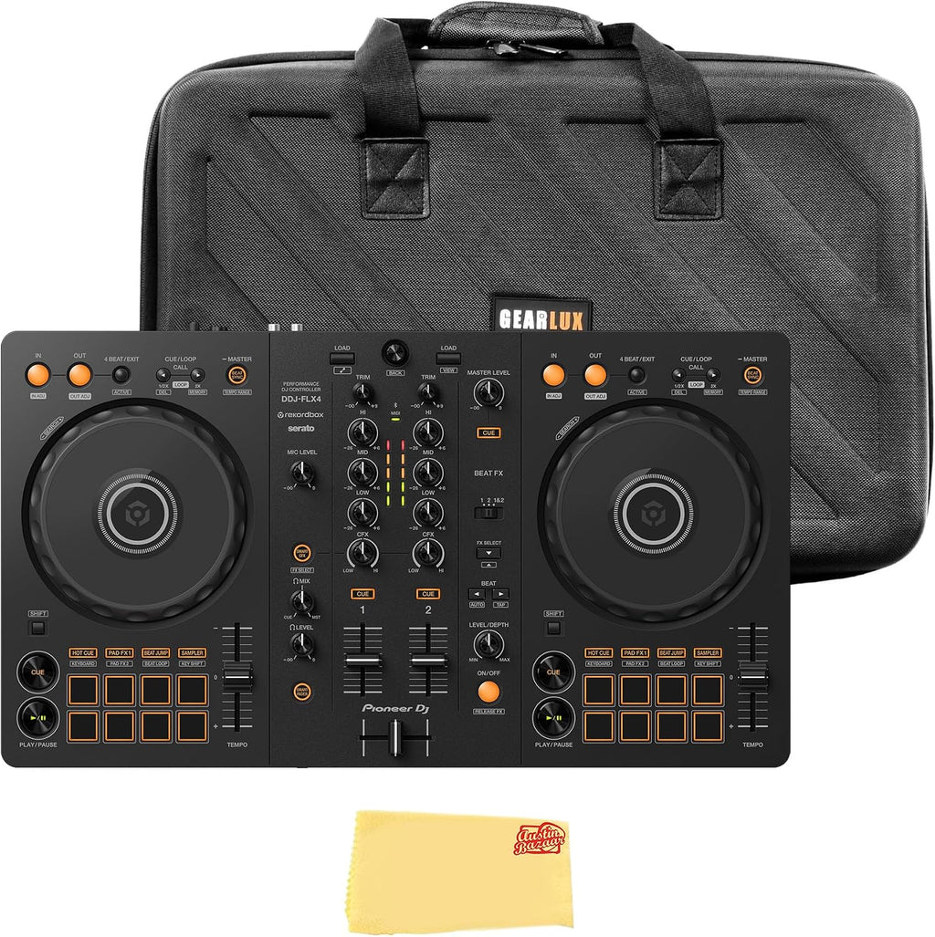 DJ DDJ-FLX4 2-Channel DJ Controller - Black Bundle with Carrying Case and Austin Bazaar Polishing Cloth