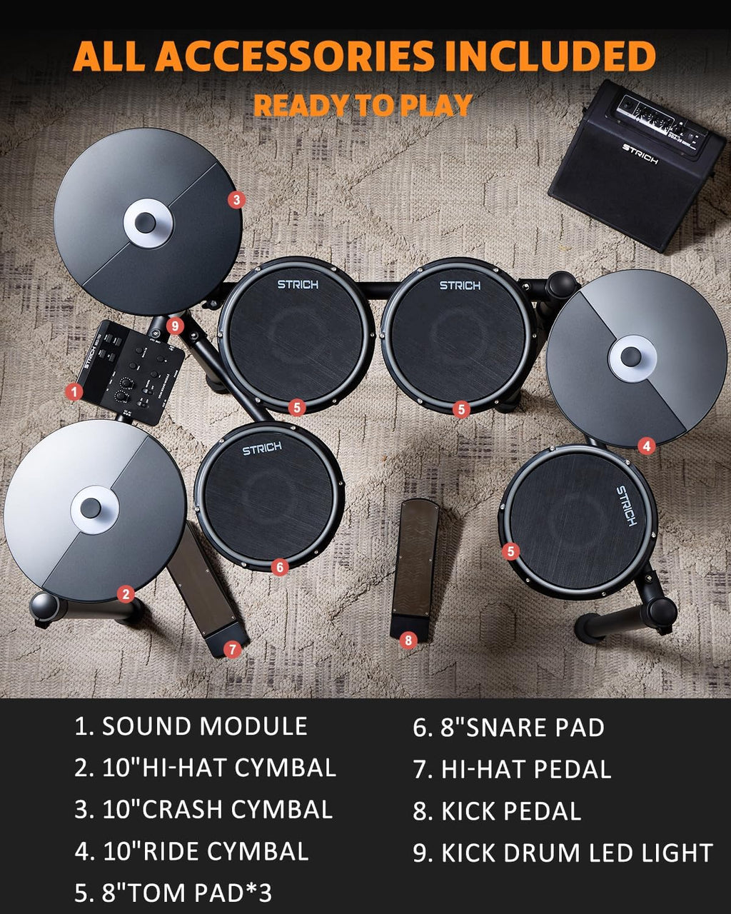 Electric Drum Set with Mesh Heads, LED Light-Up Drum Pads, USB MIDI, Quiet Foldable Electronic Drum Kit with
