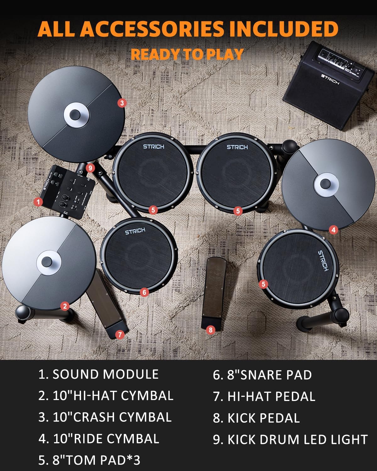 Electric Drum Set with Mesh Heads, LED Light-Up Drum Pads, USB MIDI, Quiet Foldable Electronic Drum Kit with