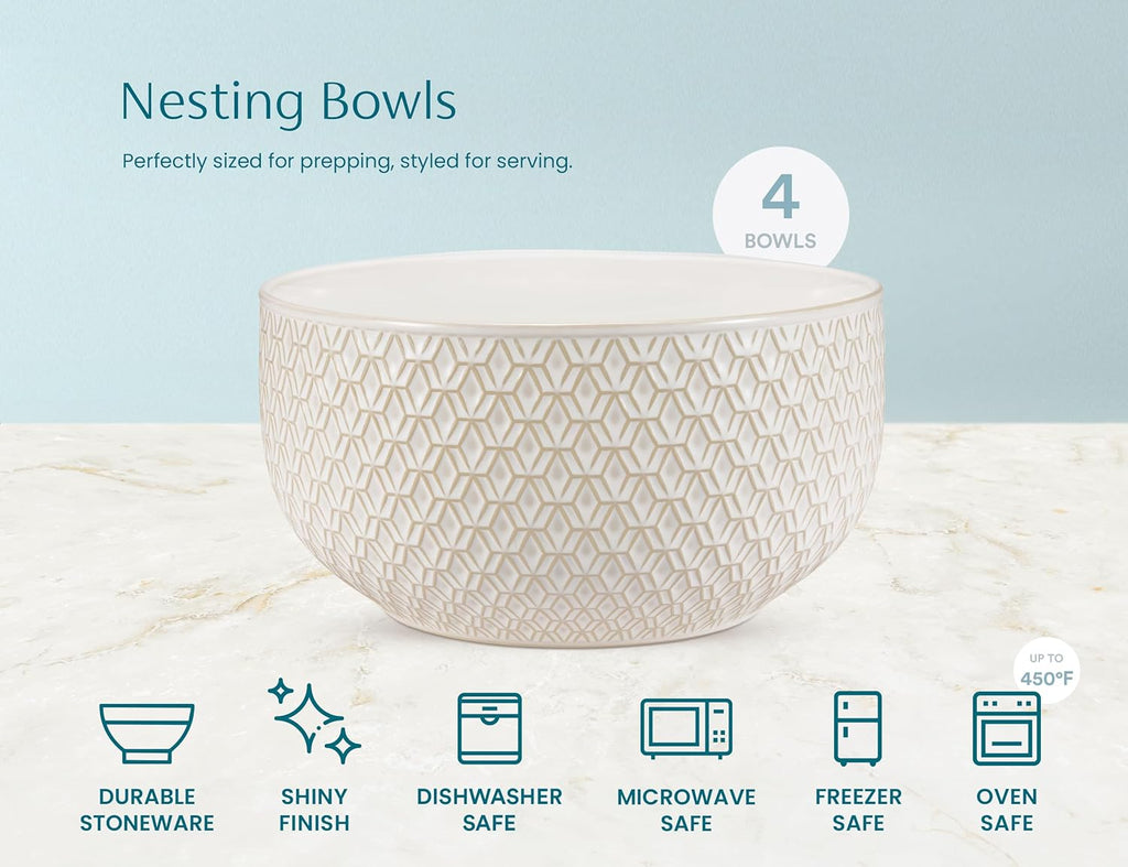 Ceramic Mixing Bowls, Nesting Set of 4, Embossed Kitchen Dishware, Prep, Serving, Gift, Microwave and Dishwasher