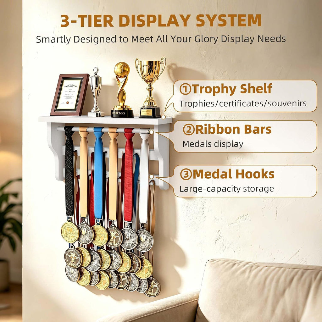 Medal Hanger Display, Large Capacity Trophy and Medal Display Shelf | Natural Solid Wood, Anti-Slip Groove, Widening