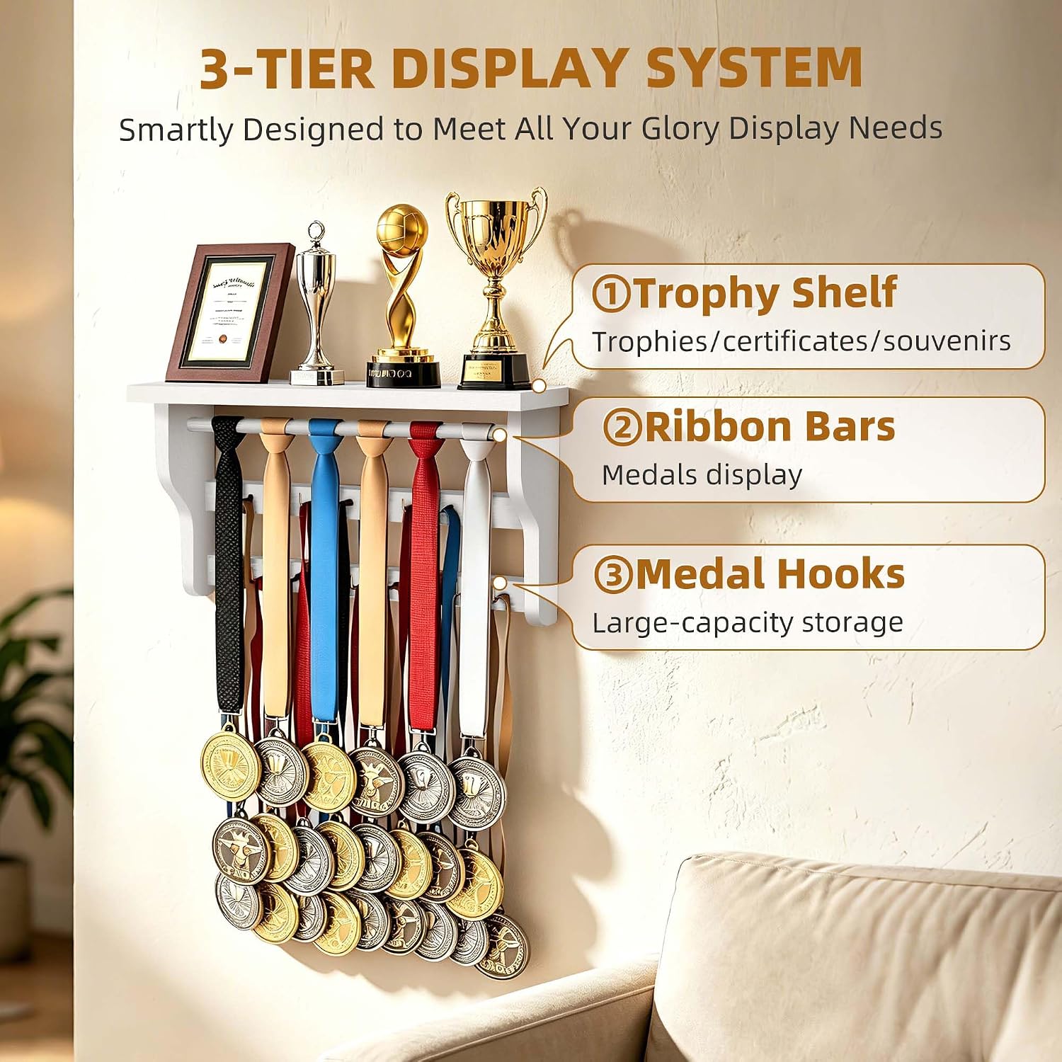 Medal Hanger Display, Large Capacity Trophy and Medal Display Shelf | Natural Solid Wood, Anti-Slip Groove, Widening