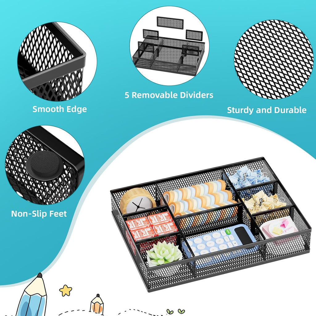 2 Pack Desk Drawer Organizer, Mesh Drawer Organizer Tray with 8 Adjustable Compartments, Desk Organizers and