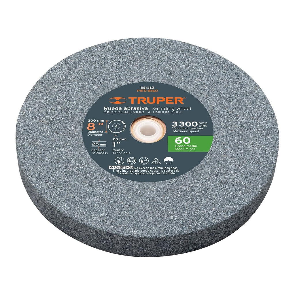 Truper 8-Inch Bench Grinding Wheel, 1-Inch Width, 60 Grit Aluminum Oxide, Heavy-Duty Sharpening and Deburring Wheel (Model PIES-8160/16412)