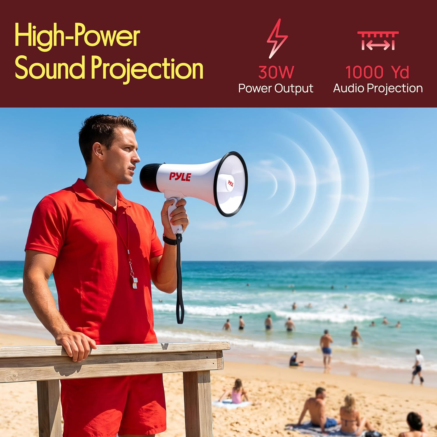 Rechargeable Bullhorn Megaphone with Voice Recording, AUX Input & Siren, USB-C Fast Charging, 1200-Yard Voice Range