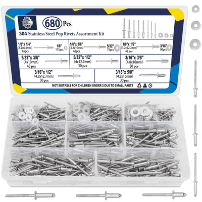 680Pcs Stainless Steel Pop Rivets Assortment Kit (3/16; 5/32;1/8) 304SS
