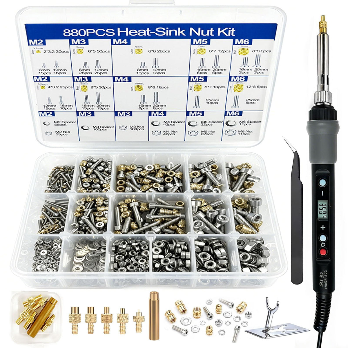 Heat Set Insert Tool Kit 880PCS Threaded Inserts Brass Hardware Nuts Bolts