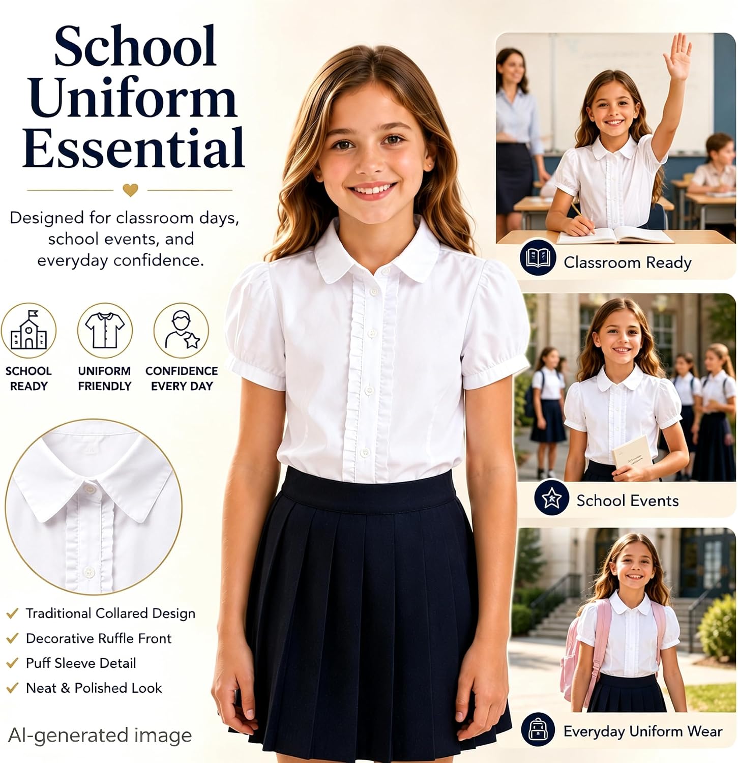 Girls School Uniform Blouse: Ruffle Front Puff Short Sleeve | Cotton Fabric, Button Closure, Solid White, Ages 6-13