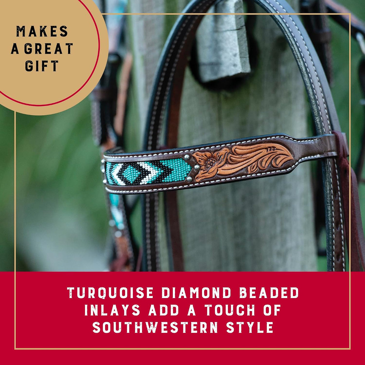 Turquoise Diamond Beaded Horse Headstall, Leather Headstalls for Horses for Trail Riding, Durable Equine Supplies