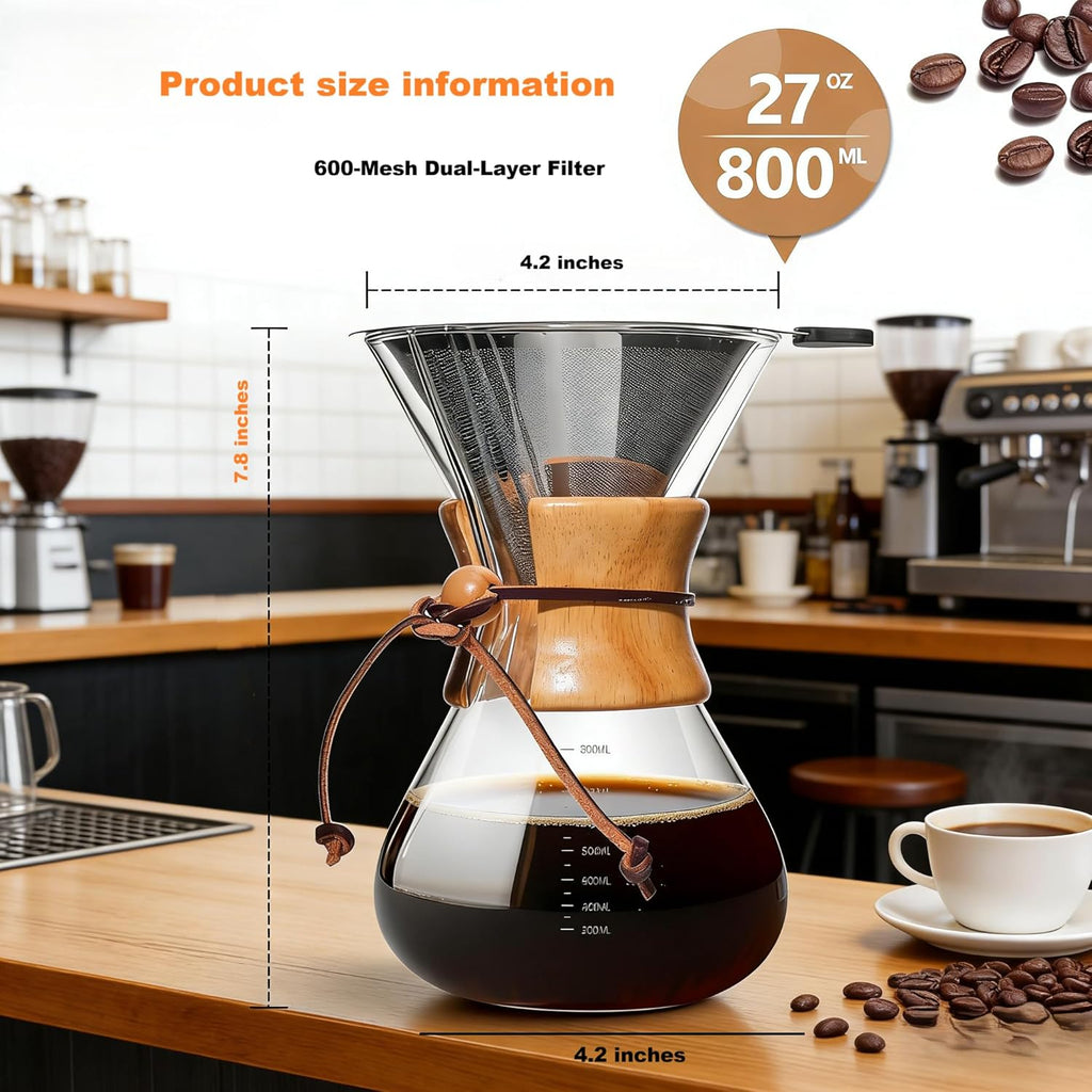 Pour Over Coffee Maker, 8 Cup Borosilicate Glass Pour Over Coffee Dripper with Reusable Stainless Steel Filter