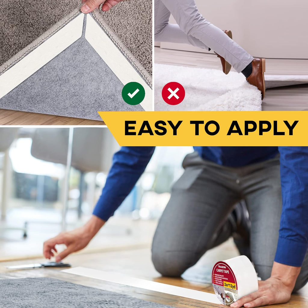 Carpet Tape Double Sided - Rug Tape Grippers for Hardwood Floors and Area Rugs - Carpet Binding Tape Strong Adhesive