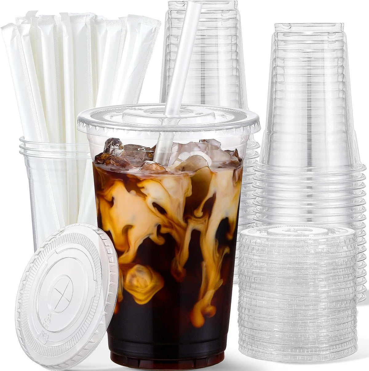 25 Pack - 16 oz Plastic Cups with Lids and Straws, Clear Iced Coffee Cups with Lids, Disposable Cups with Lids for