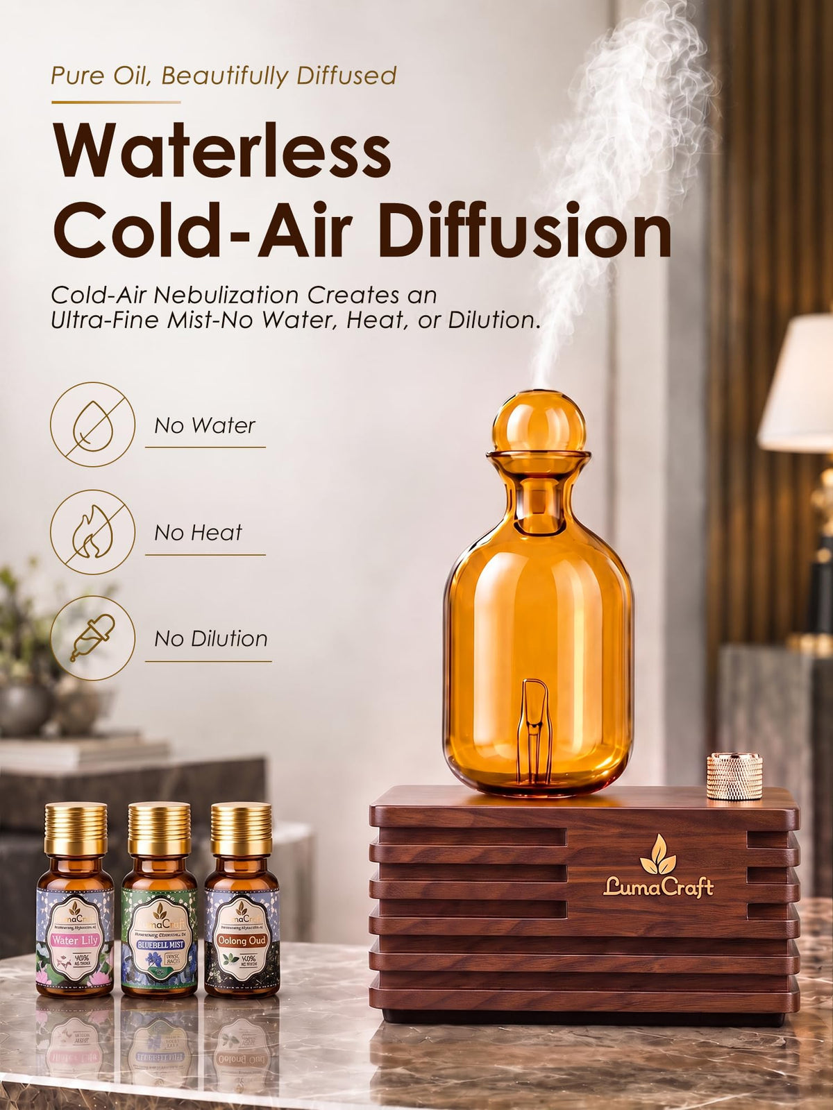 Waterless Essential Oil Diffuser for Home with 3 Oils, 4 Modes