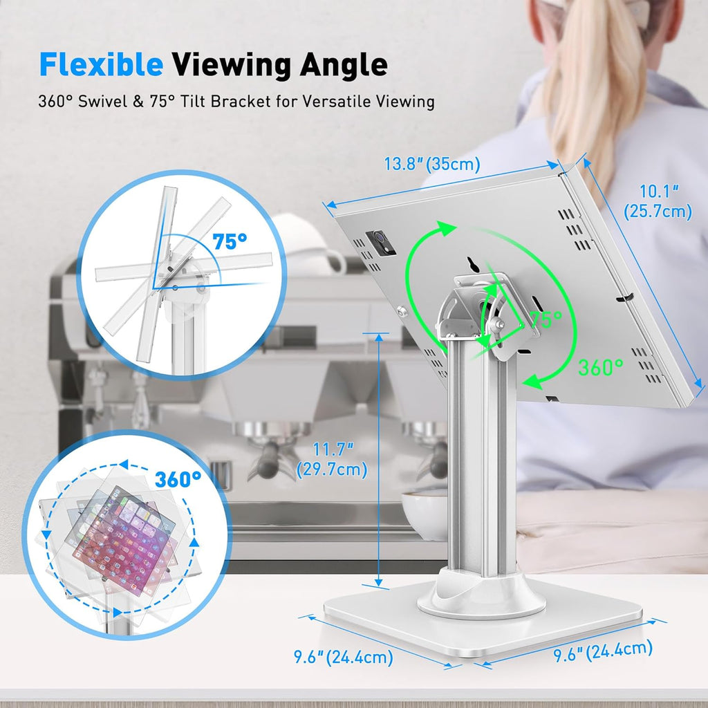 Anti-Theft iPad Kiosk Stand – POS iPad Security Mount with 360° Swivel & 75° Tilt, Heavy Duty Tablet Kiosk Desk