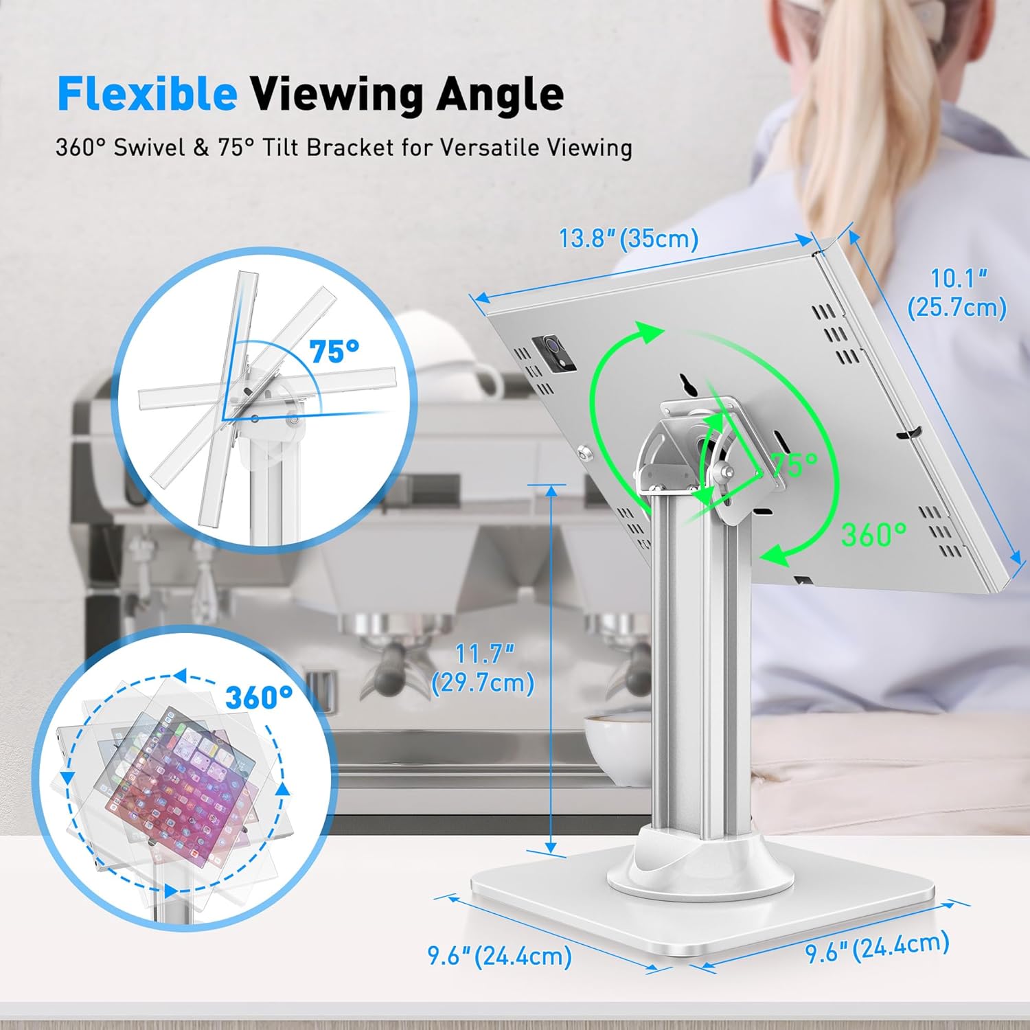 Anti-Theft iPad Kiosk Stand – POS iPad Security Mount with 360° Swivel & 75° Tilt, Heavy Duty Tablet Kiosk Desk