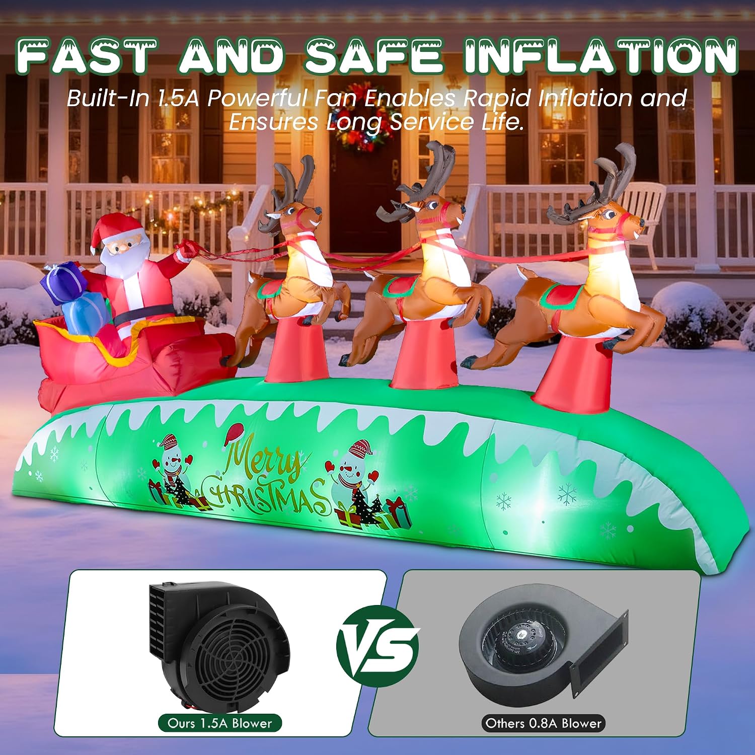 12FT Long Christmas Inflatables Outdoor Decorations | Giant Blow Up Yard Decorations Santa Sleigh and Reindeer with