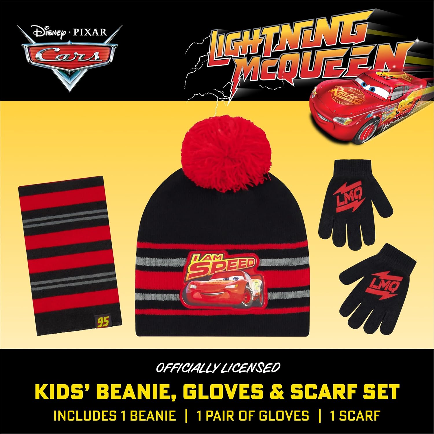 Boys Toddler Winter Hat, Scarf & Mittens Set 2-4 Or Cars Lightning McQueen Hat, Scarves & Kids Gloves Sets 4-7