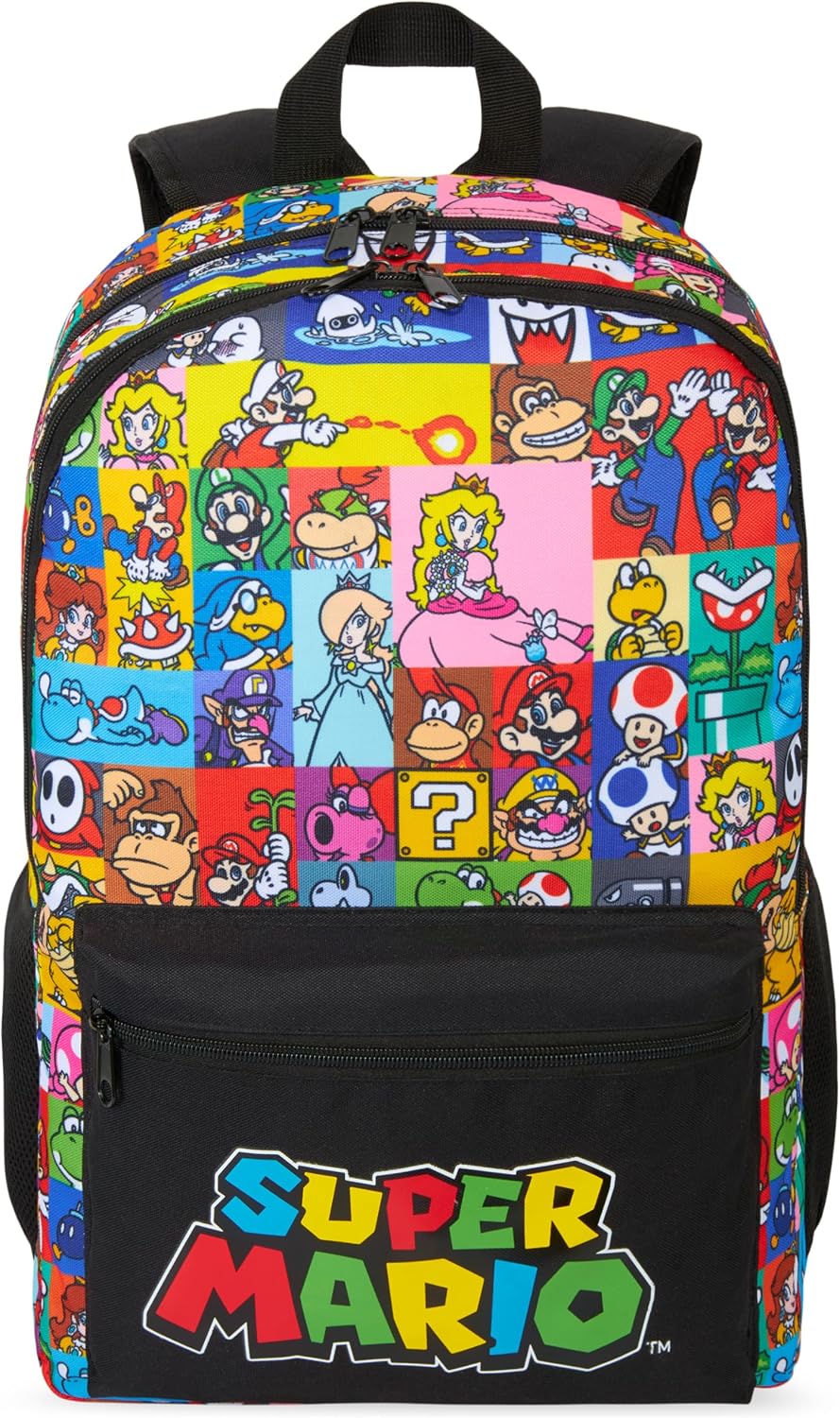 Super Mario Kids Backpack, Boys Lightweight 18 in Book Bag, Adjustable Padded Straps Travel School Bag, Gamer Gifts