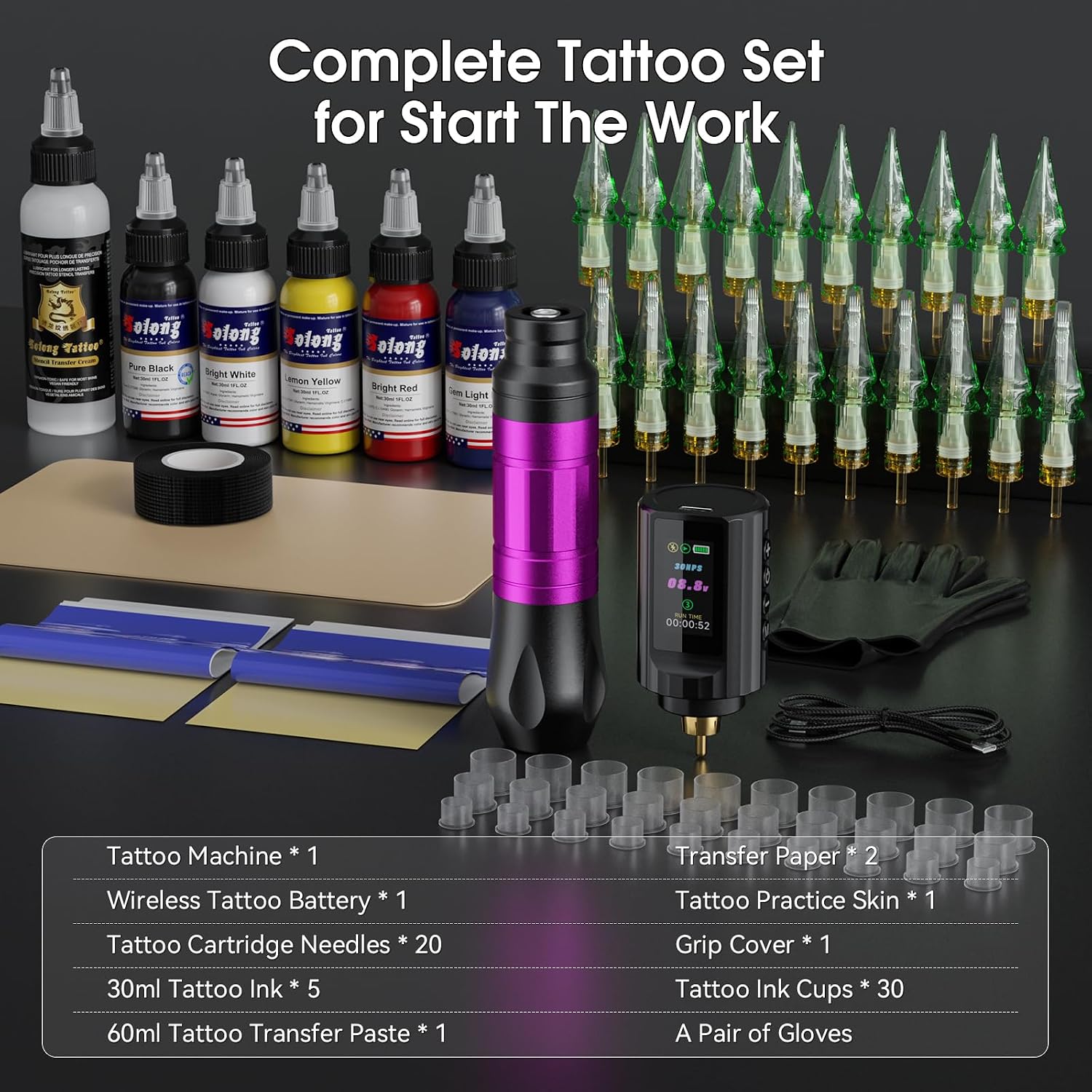 Complete Wireless Tattoo Gun Kit, Rotary Tattoo Pen with 1800mAh Battery, Liner & Shader Tattoo Supplies for Starters