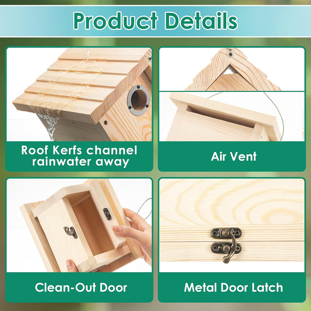 2 Pack Wren House, 1-1/8'' Entrance Hole Hanging Wooden Wren Bird Houses for Outside with Metal Guard, Air Vents