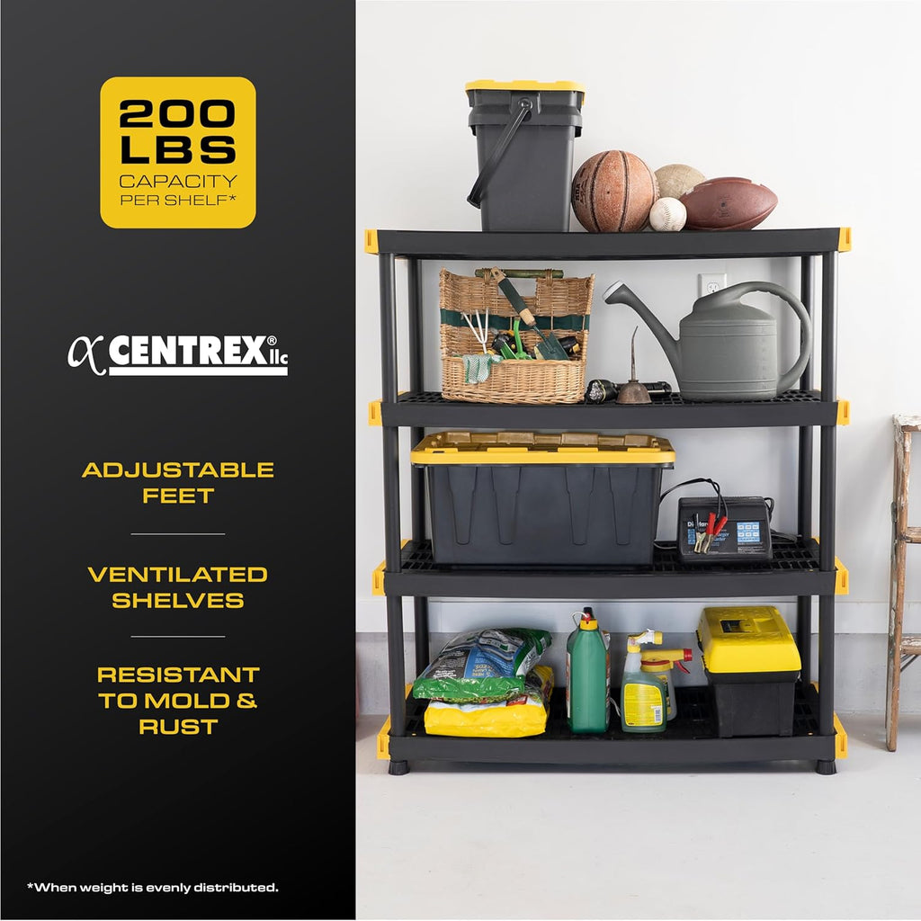 Black & Yellow, 4-Tier Heavy Duty Plastic Storage Shelving Unit, 200lbs/shelf (55H x 48W x 20D), for Indoor/Outdoor