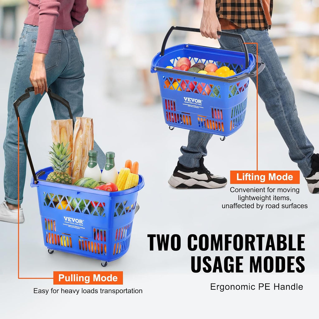 Shopping Carts with Handles, 6PCS, 39L Plastic Rolling Shopping Basket with Wheels, Large Portable Shopping Basket