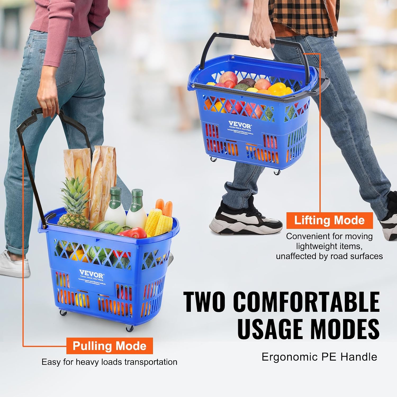Shopping Carts with Handles, 6PCS, 39L Plastic Rolling Shopping Basket with Wheels, Large Portable Shopping Basket