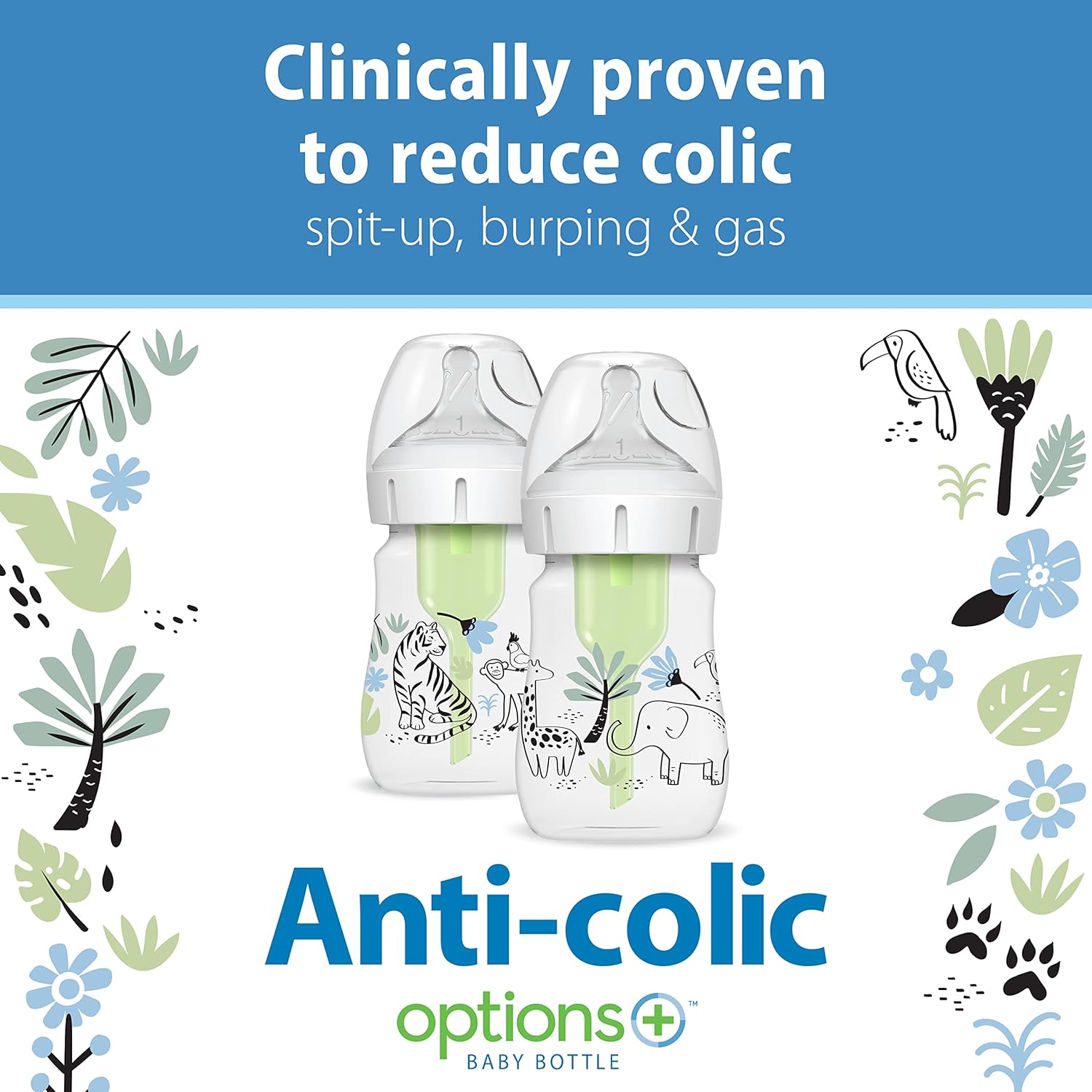 Anti-Colic Options+ Wide-Neck Baby Bottle Designer Edition Bottles, Jungle Decos, 5 oz/150 mL, Level 1 Nipple, 0m+