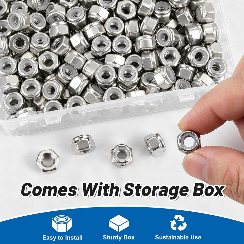 1/4"-20 Lock Nuts, 180Pcs Stainless Steel Hex Nylon Insert Locking nut