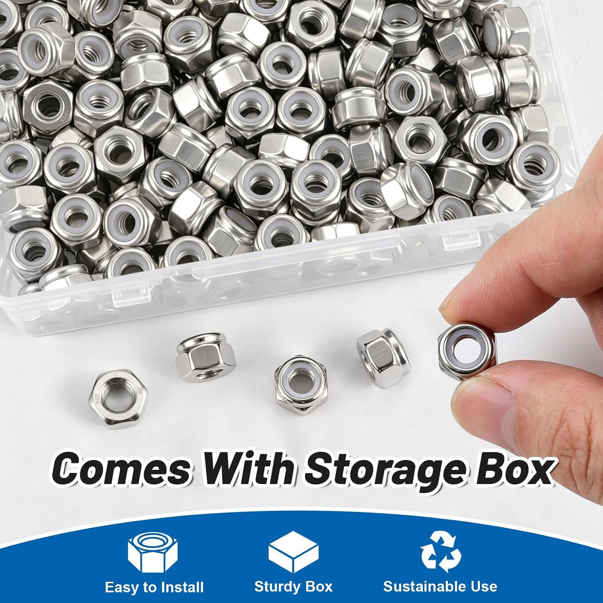 1/4"-20 Lock Nuts, 180Pcs Stainless Steel Hex Nylon Insert Locking nut