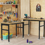 60" Adjustable Workbench with Wheels and Drawer, Solid Wood Rolling Work Bench Table with Power Outlet, Metal Tool
