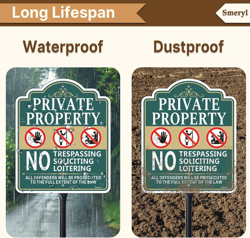 Private Property No Trespassing Soliciting Loitering Sign for Yard | 12" x 10" No Soliciting Yard Sign With 34.6"